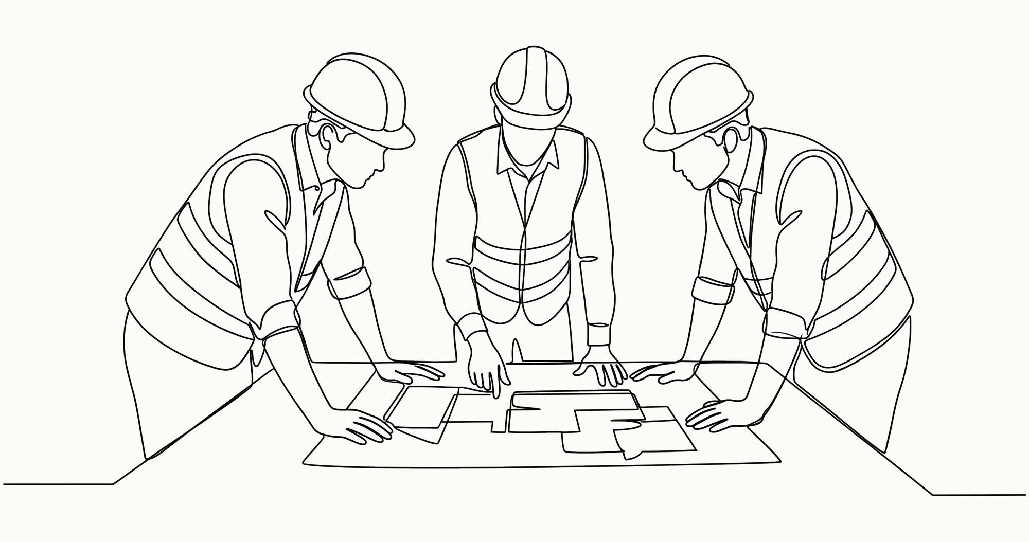 Line illustration of three builders reviewing plans at a table