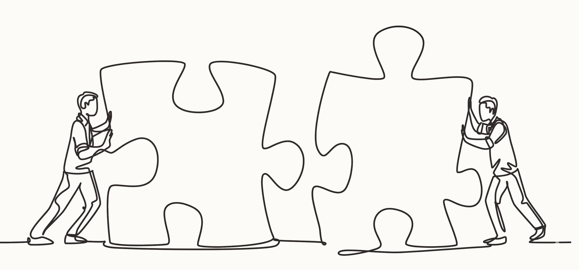 Line illustration of two people joining two puzzle pieces