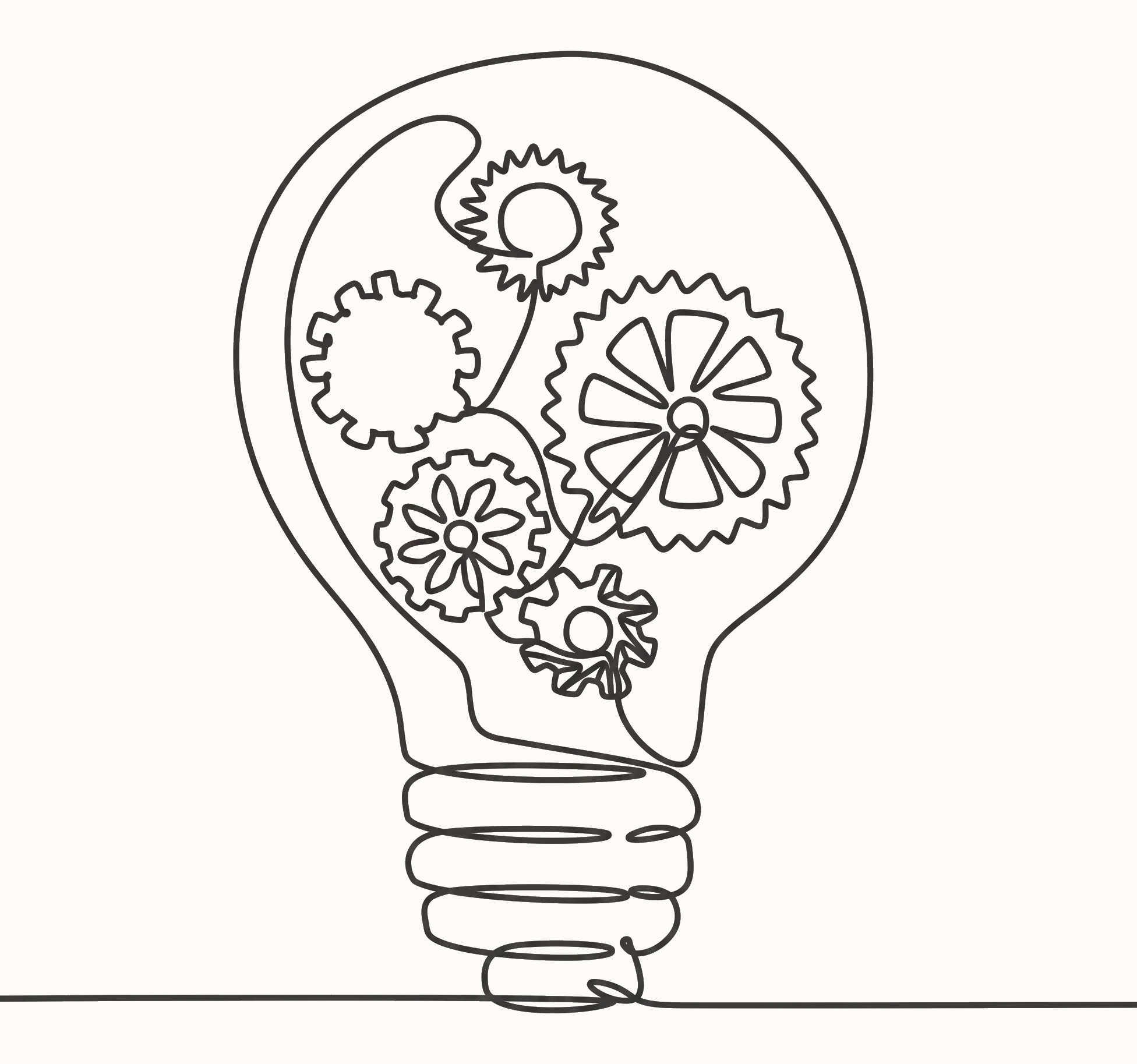 Line illustration of a lightbulb filled with gears
