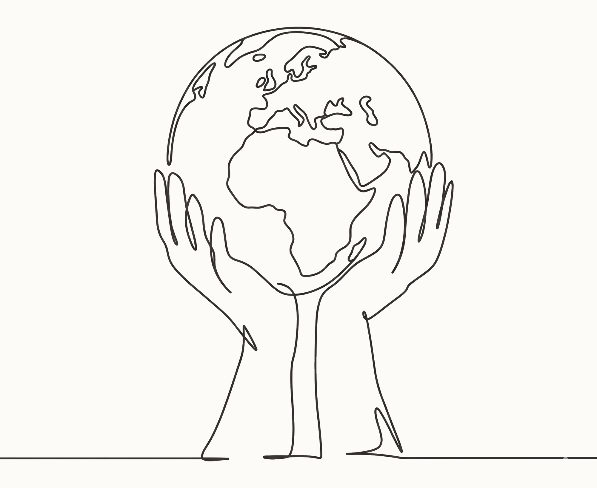Line illustration of two hands holding a globe