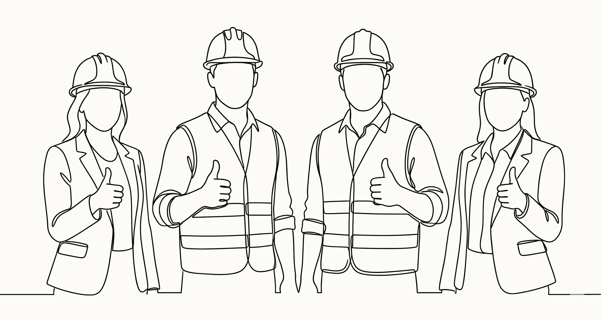 Line illustration of a construction team giving a thumbs up