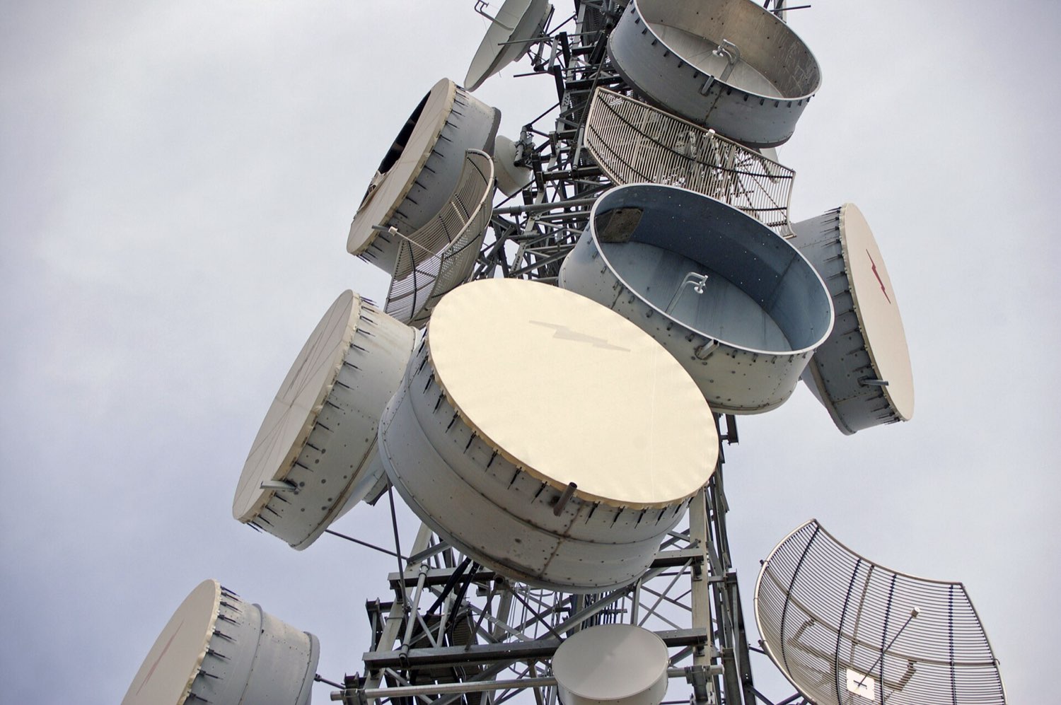 Microwave dishes on a telecommunications tower